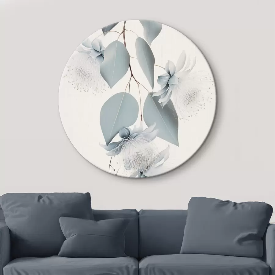 carta da parati Ramo di eucalipto con foglie blu e fiori bianchi, sfondo chiaro nr. r45947