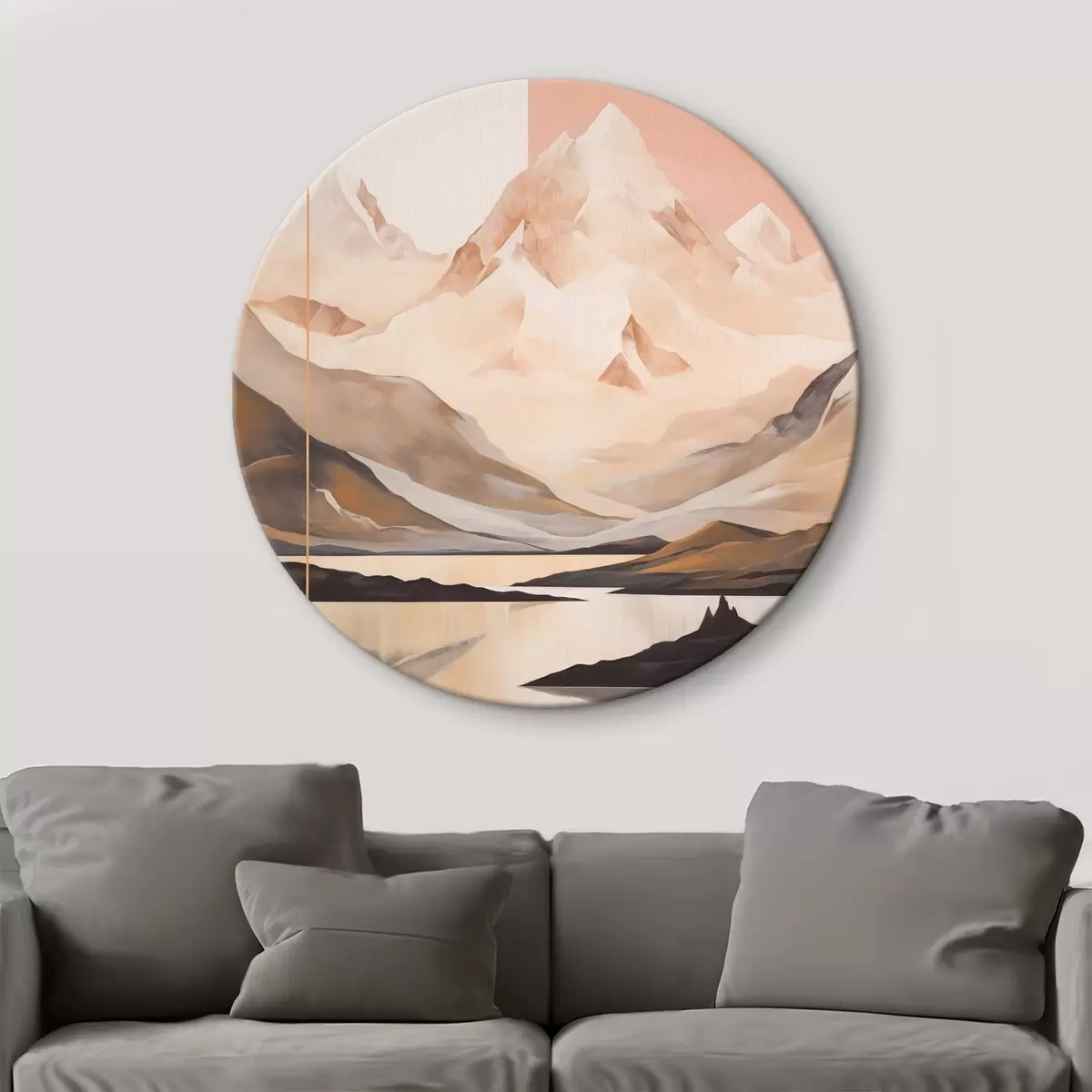 Quadri rotondi Paesaggio astratto con montagne e un lago, colori pastello, stile minimalista r45949