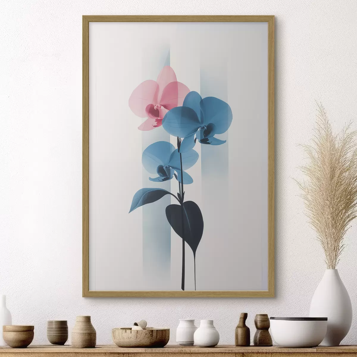 Poster Orchidee con foglie su sfondo bianco con strisce verticali f45925