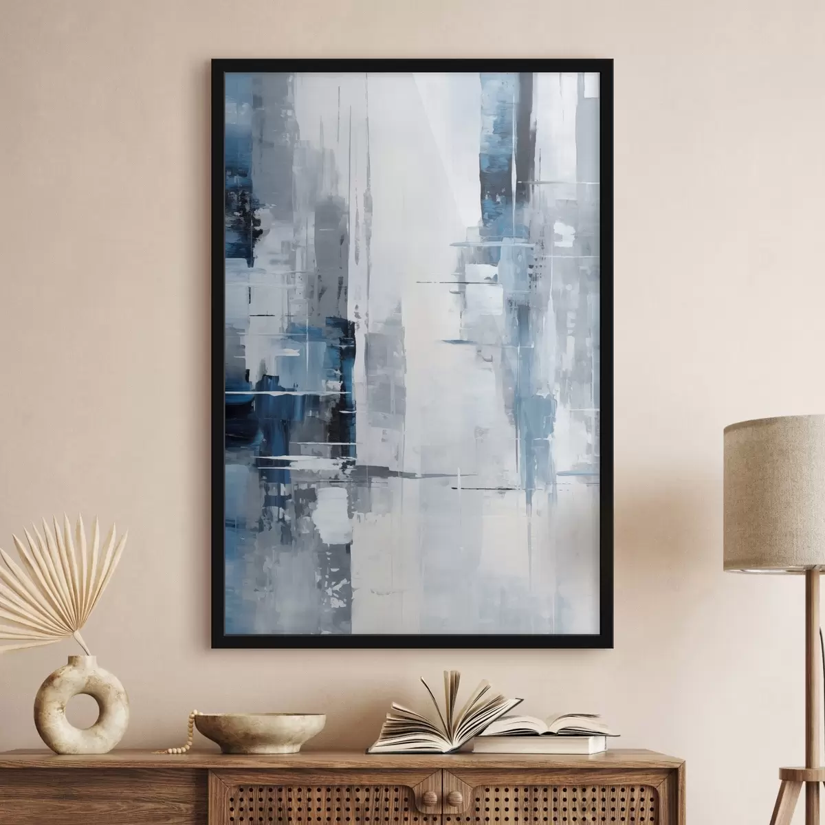 Poster Imitazione di pittura astratta con colori blu, grigio e bianco, linee verticali e forme geometriche f45926