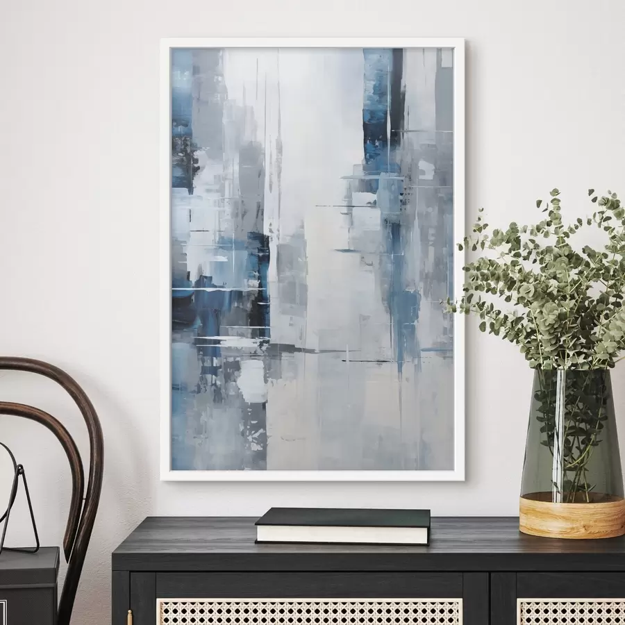 carta da parati Imitazione di pittura astratta con colori blu, grigio e bianco, linee verticali e forme geometriche nr. f45926