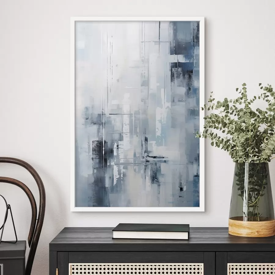 carta da parati Imitazione di pittura astratta con colori blu, grigio e bianco, linee verticali e forme geometriche nr. f45927