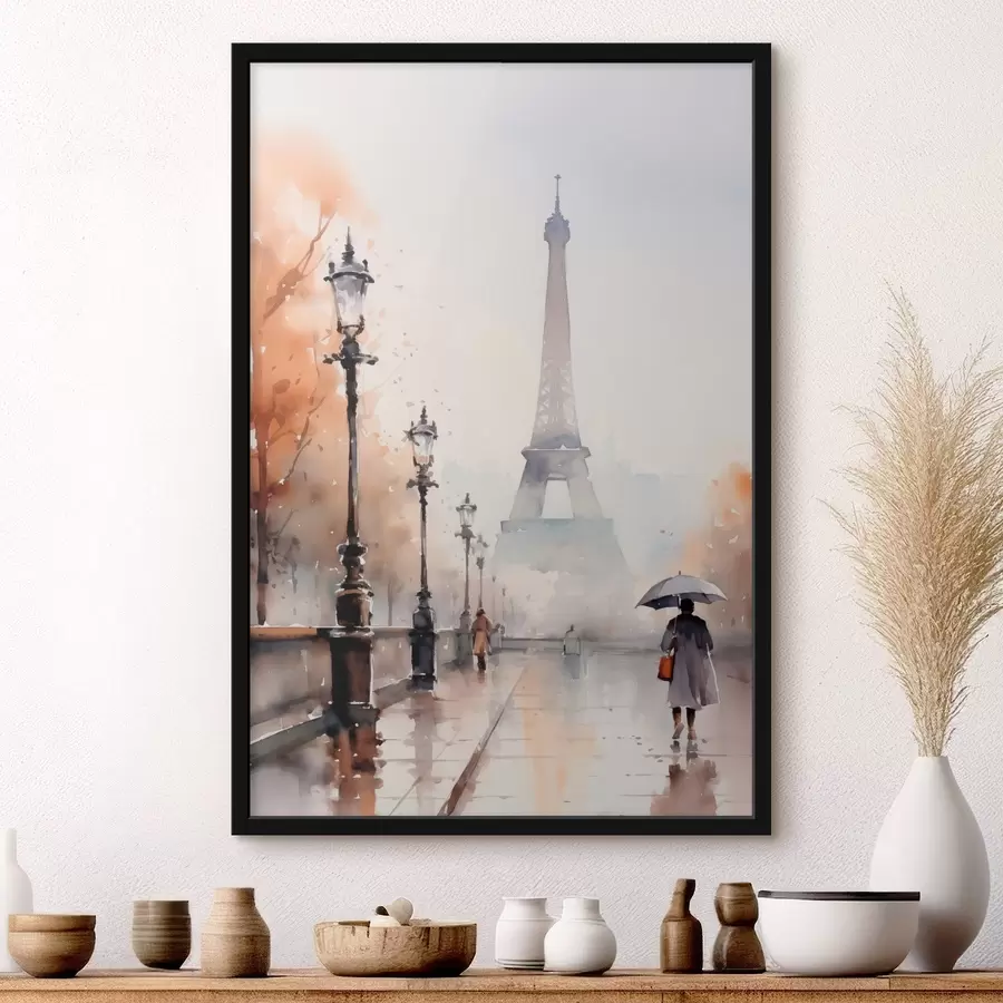 carta da parati Una giornata piovosa a Parigi con la Torre Eiffel sullo sfondo e lampioni vintage nr. f45930