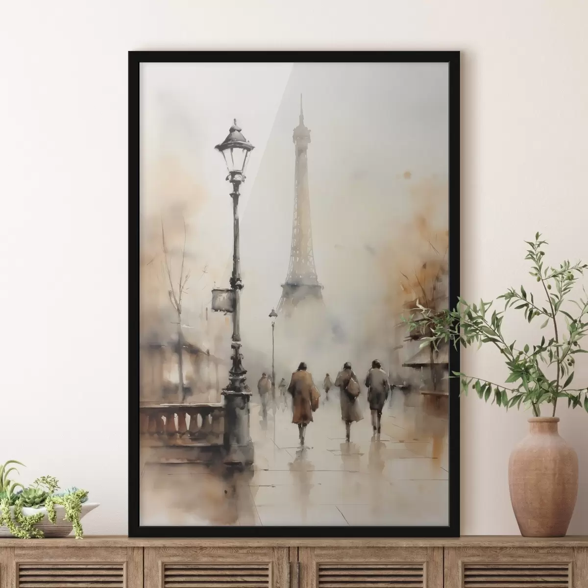 Poster Una piovosa giornata autunnale a Parigi con la Torre Eiffel sullo sfondo e lampioni vintage f45931
