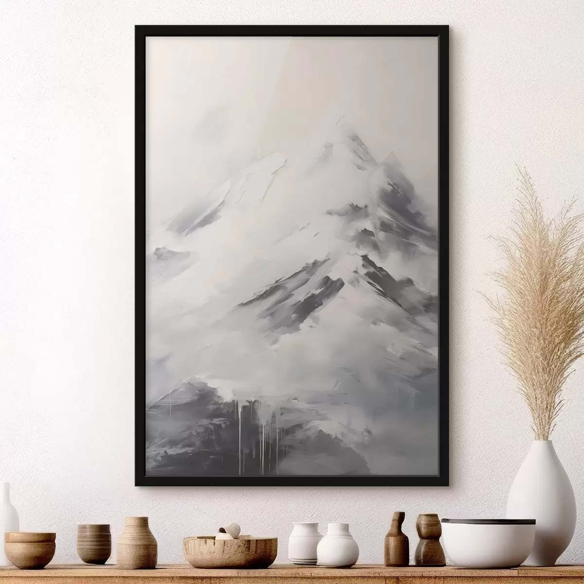 Poster Cime innevate con ombre grigie, cielo grigio, pennellate, texture, minimalista f45932