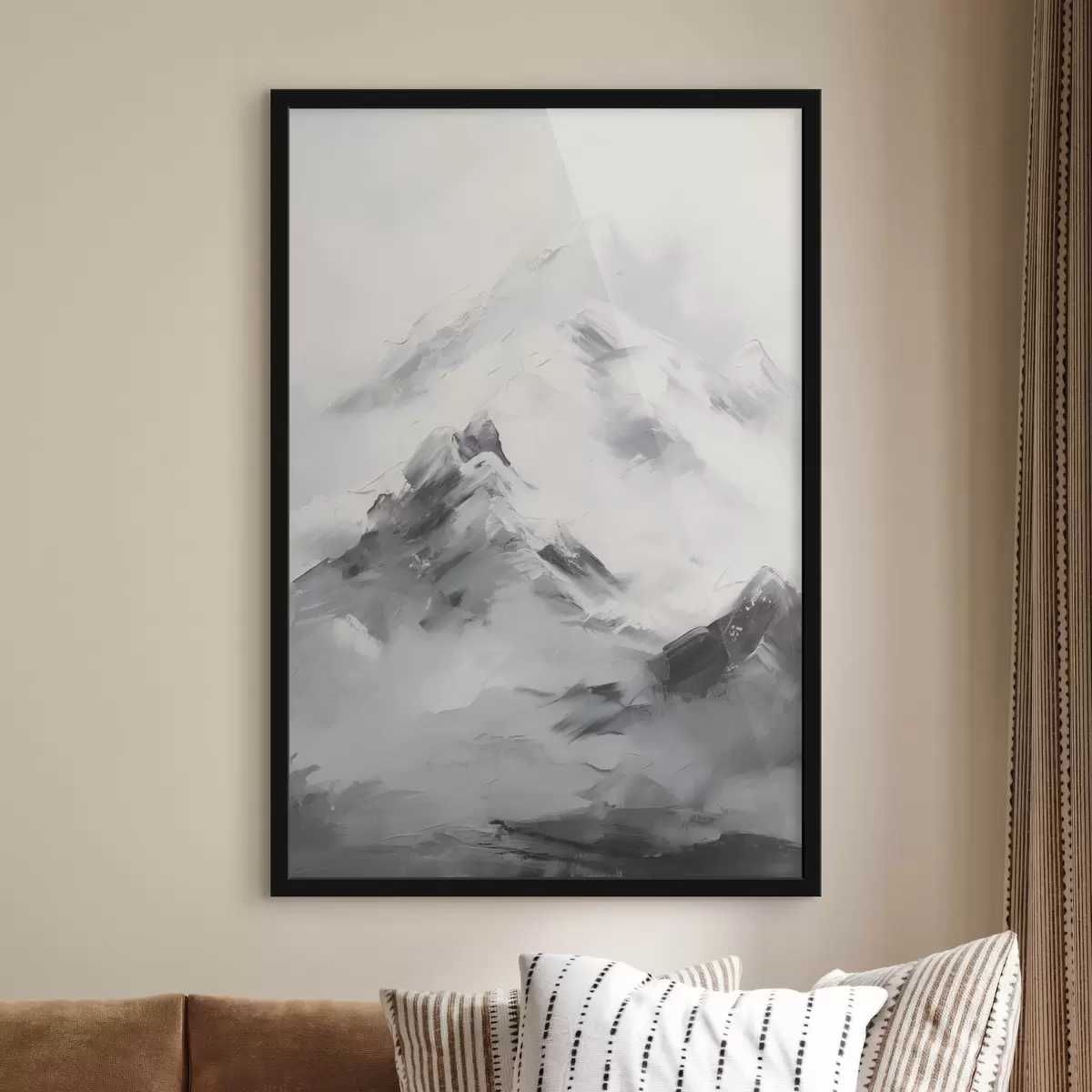 Poster Cime innevate con ombre grigie, cielo grigio, pennellate, texture, minimalista f45933