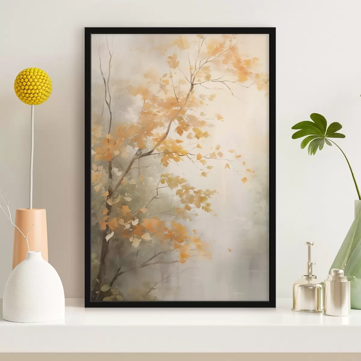 Poster Rami di alberi autunnali con foglie arancioni in una foresta illuminata da una luce soffusa f45940