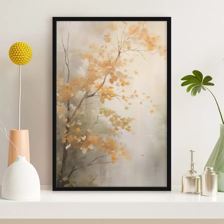 carta da parati Rami di alberi autunnali con foglie arancioni in una foresta illuminata da una luce soffusa nr. f45940