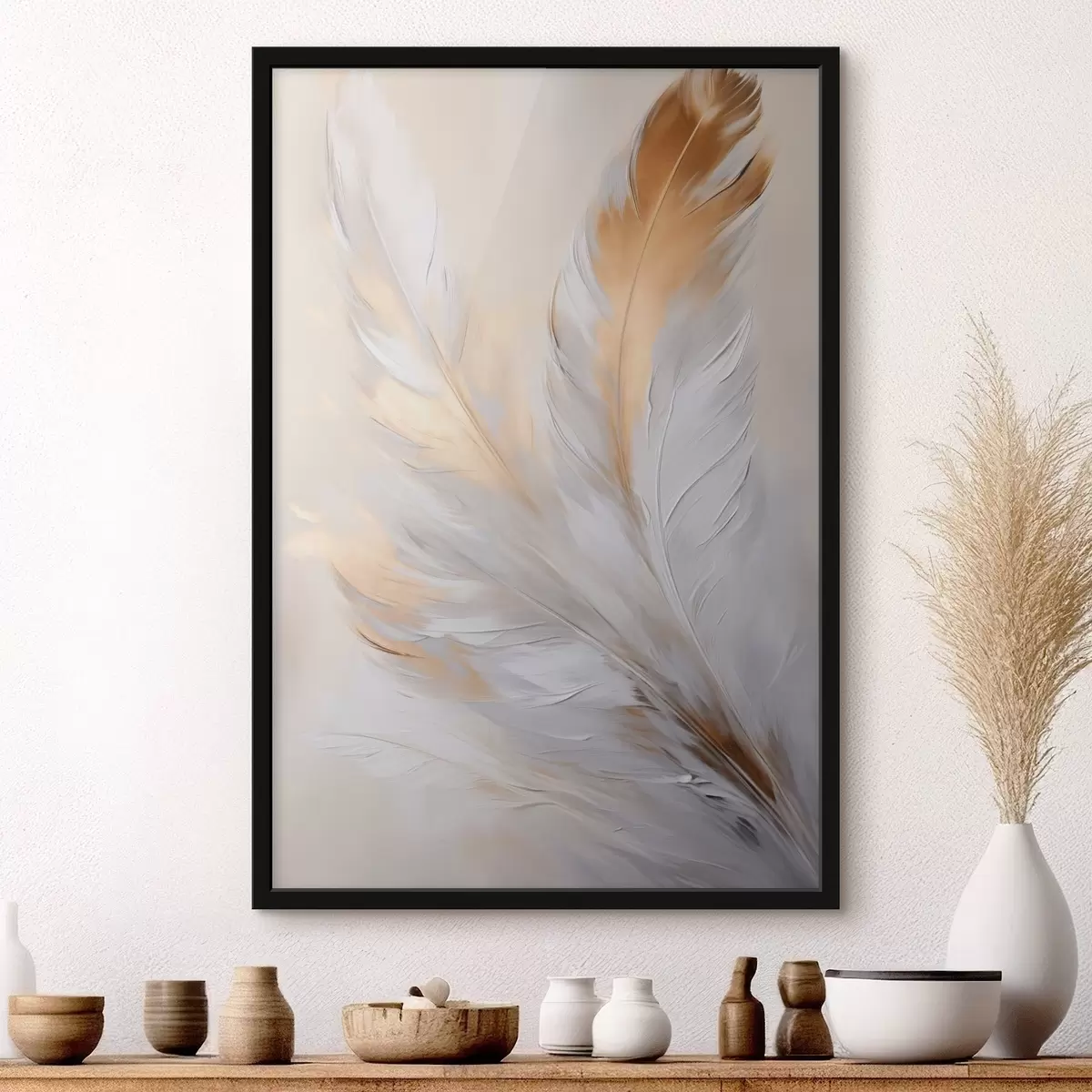 Poster Piume con accenti arancioni, illuminazione soffusa, composizione minimalista strutturata, arte moderna f45944