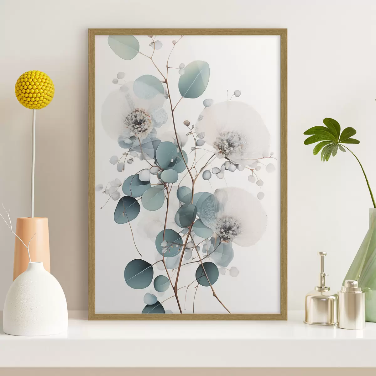 Poster Fiori astratti di eucalipto con petali bianchi, foglie verde tenue sui rami f45946