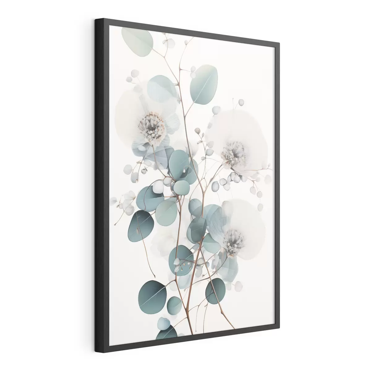 Poster Fiori astratti di eucalipto con petali bianchi, foglie verde tenue sui rami f45946