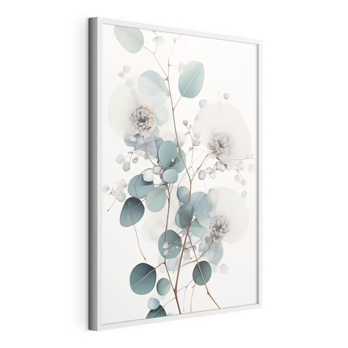 Poster Fiori astratti di eucalipto con petali bianchi, foglie verde tenue sui rami f45946