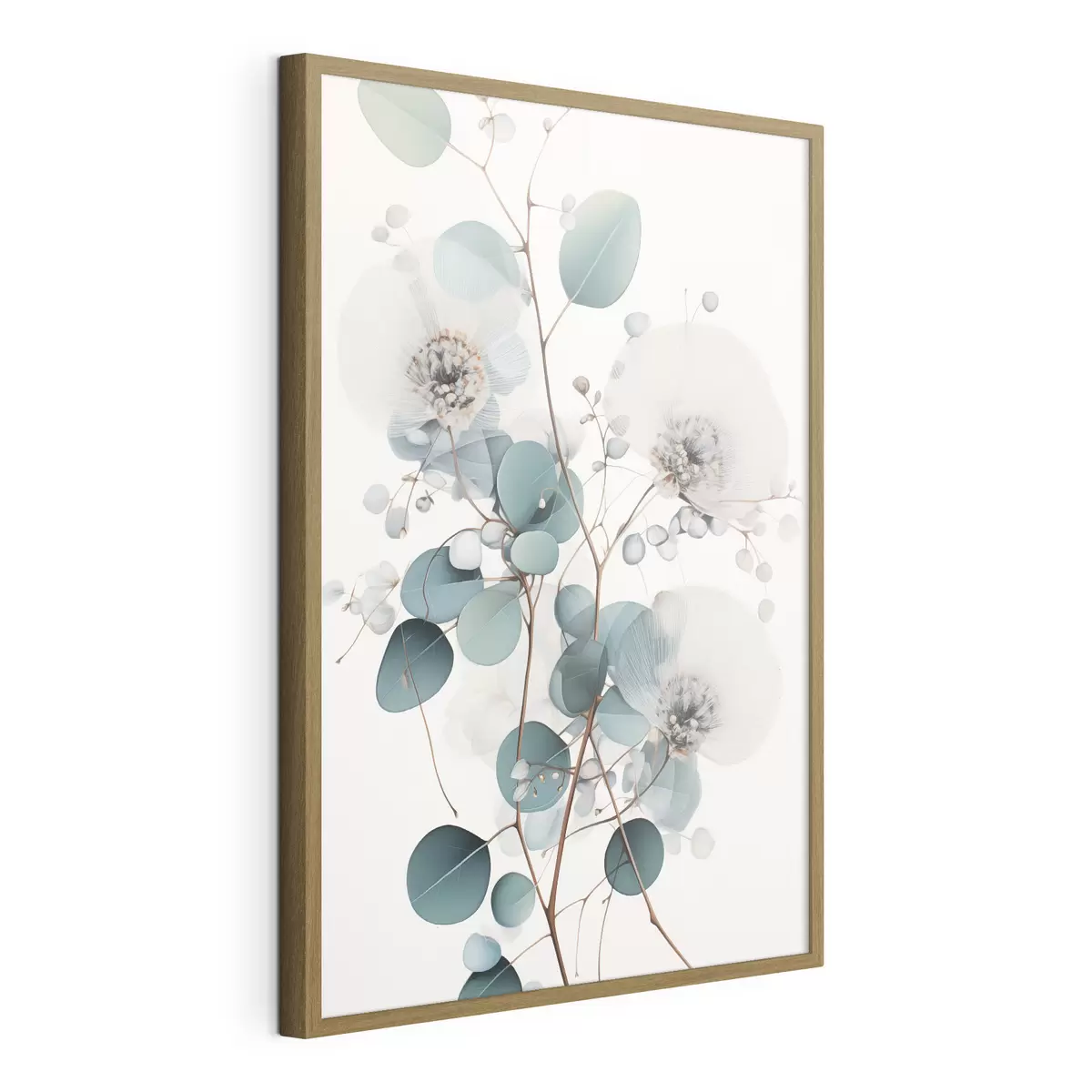 Poster Fiori astratti di eucalipto con petali bianchi, foglie verde tenue sui rami f45946