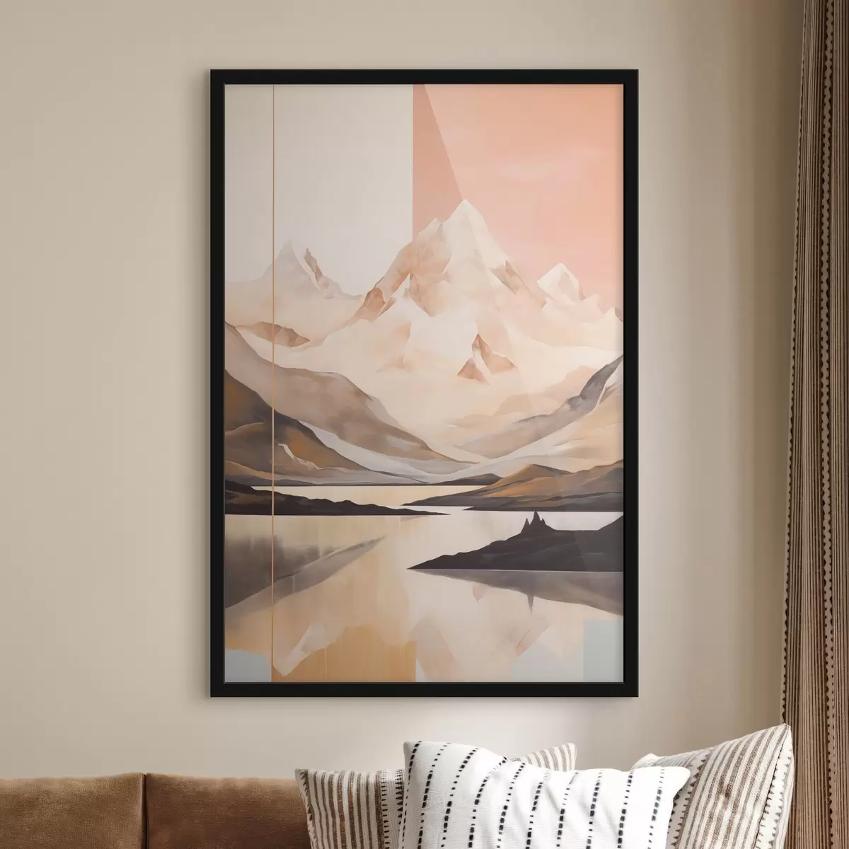 Poster Paesaggio astratto con montagne e un lago, colori pastello, stile minimalista f45949