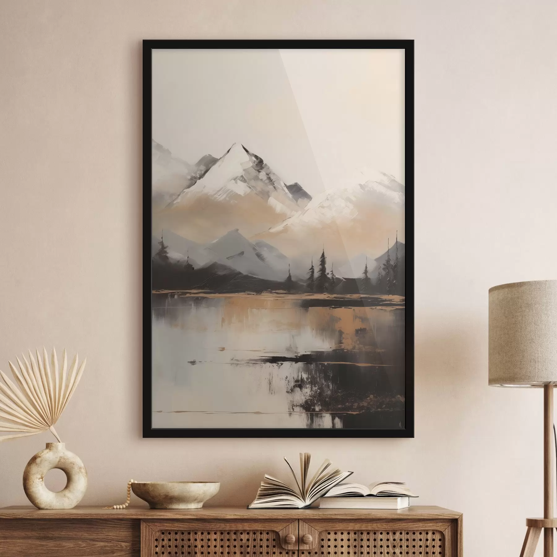 carta da parati Montagne innevate con alcuni alberi davanti a un lago nr. f45951