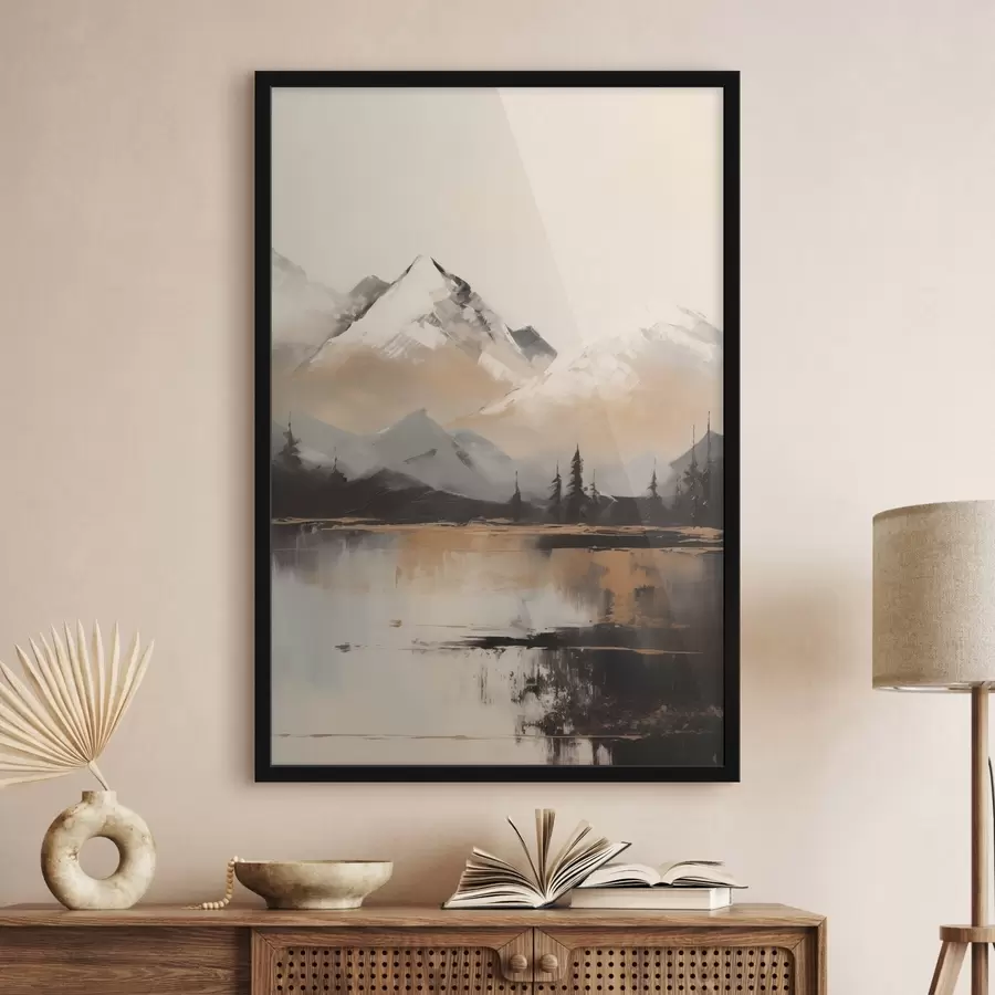 carta da parati Montagne innevate con alcuni alberi davanti a un lago nr. f45951