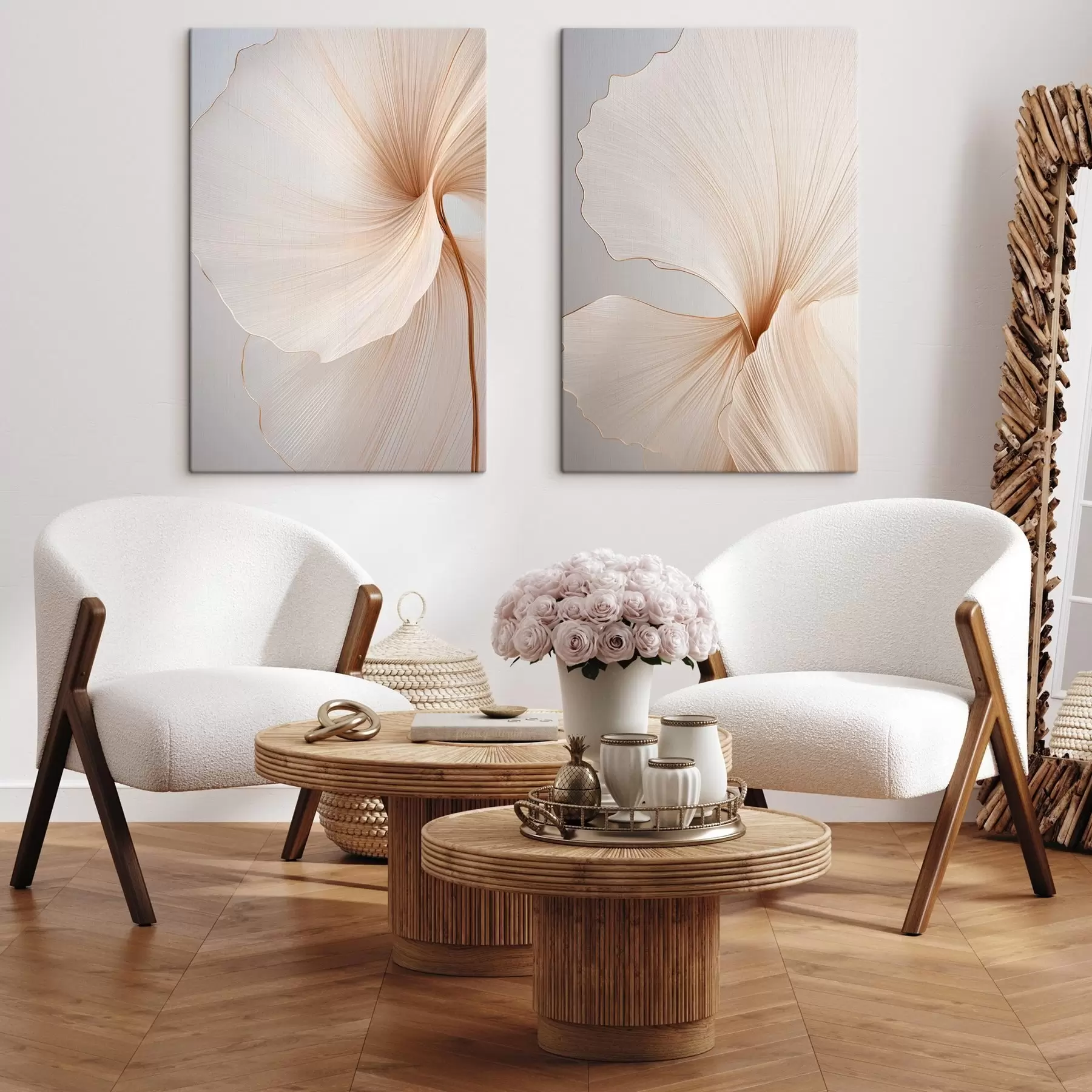 carta da parati Fiori astratti con petali sottili e delicati nei toni del bianco e del beige nr. m00817