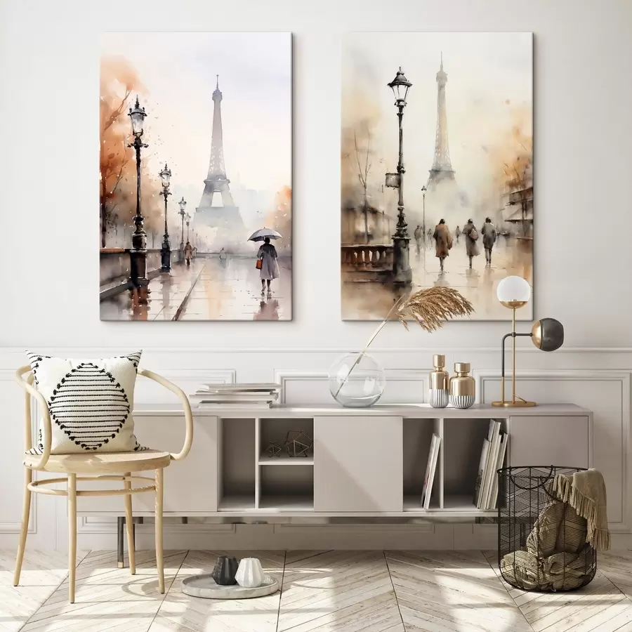 carta da parati Una piovosa giornata autunnale a Parigi con la Torre Eiffel sullo sfondo e lampioni vintage nr. m00821