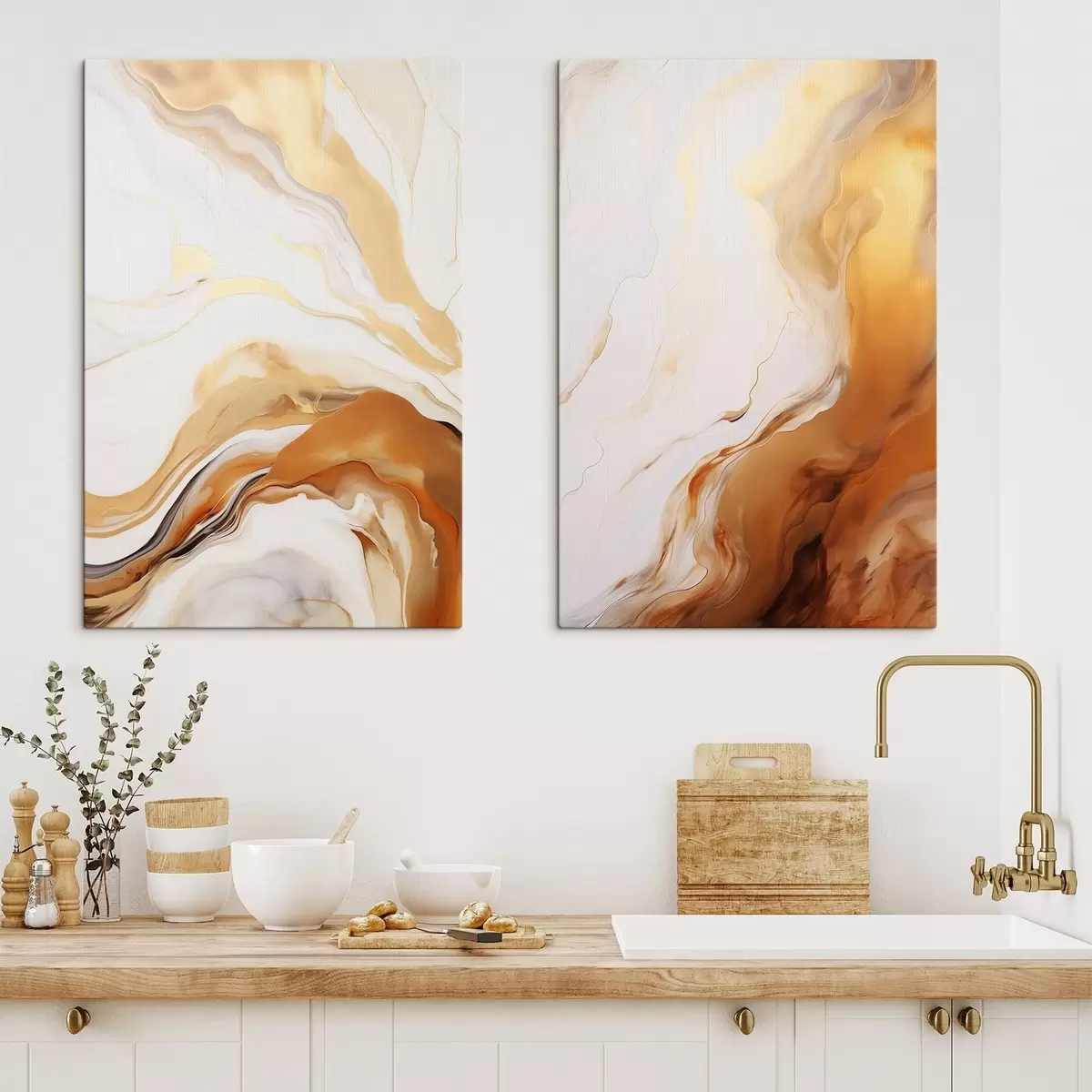 carta da parati Imitazione di pittura astratta con colori bianco e arancione, arte fluida con linee ondulate, arte moderna nr. m00825