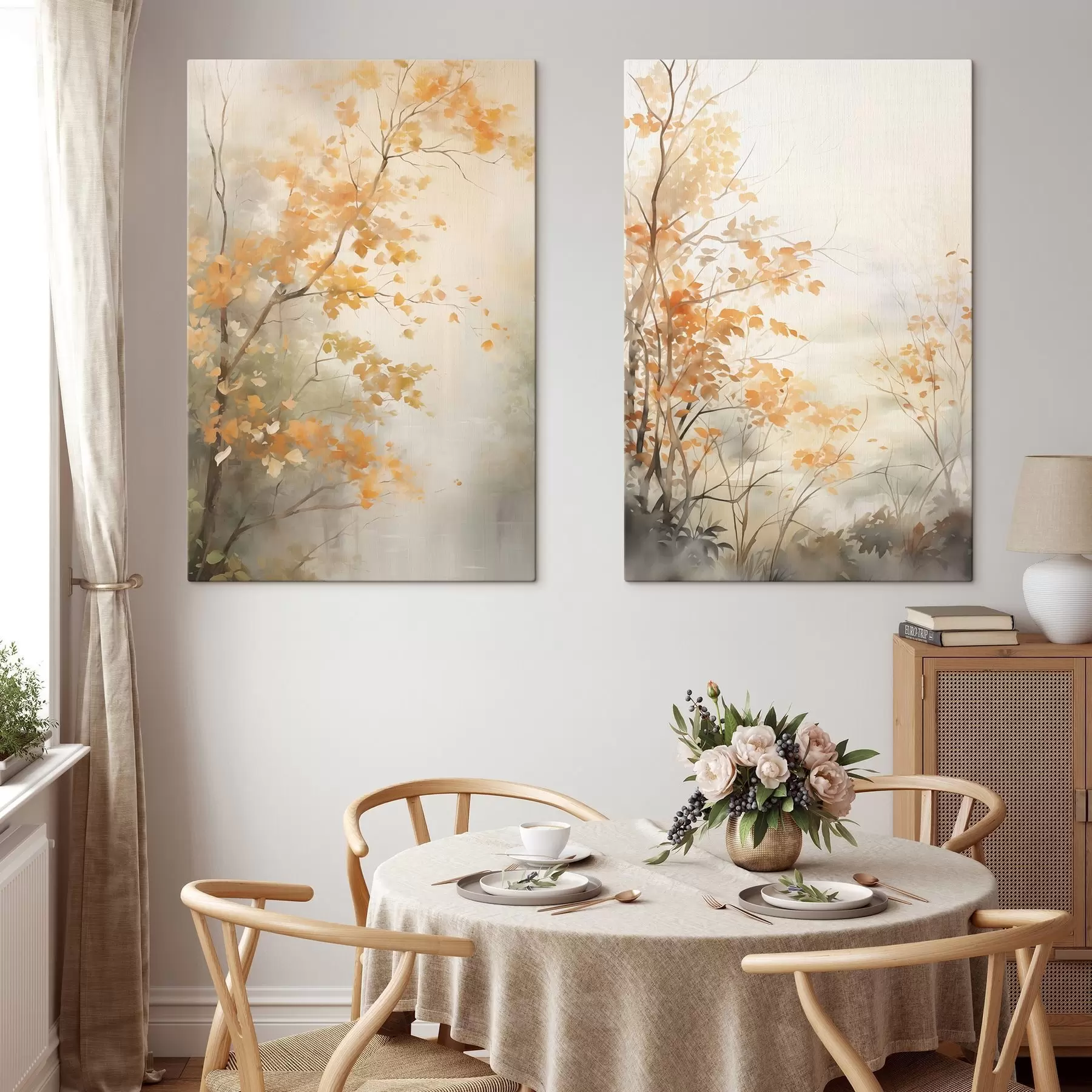 carta da parati Alberi autunnali con foglie e rami arancioni, stile acquerello morbido, pennellate delicate nr. m00826