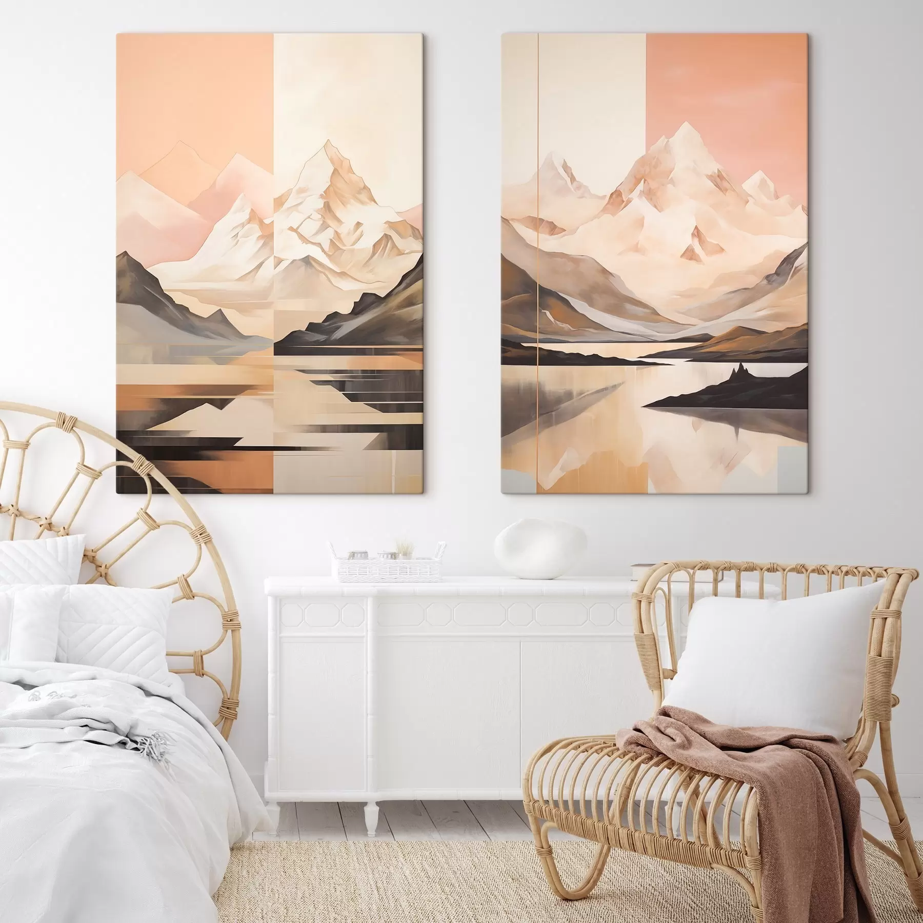 carta da parati Paesaggio astratto con montagne e un lago, colori pastello, stile minimalista nr. m00830