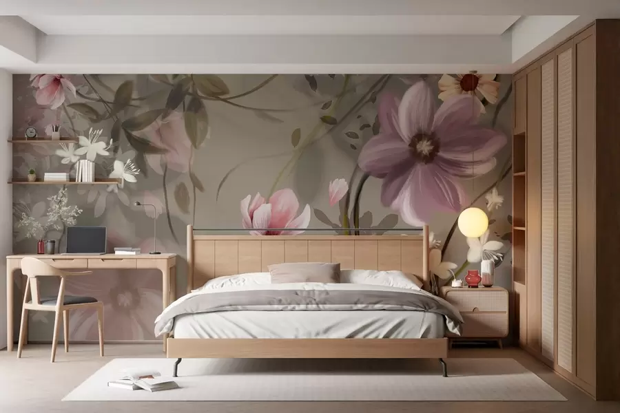 Carta da parati Floreale Fiori rosa e bianchi con steli e foglie marroni, illuminazione soffusa, colori tenui, composizione floreale n. w09417