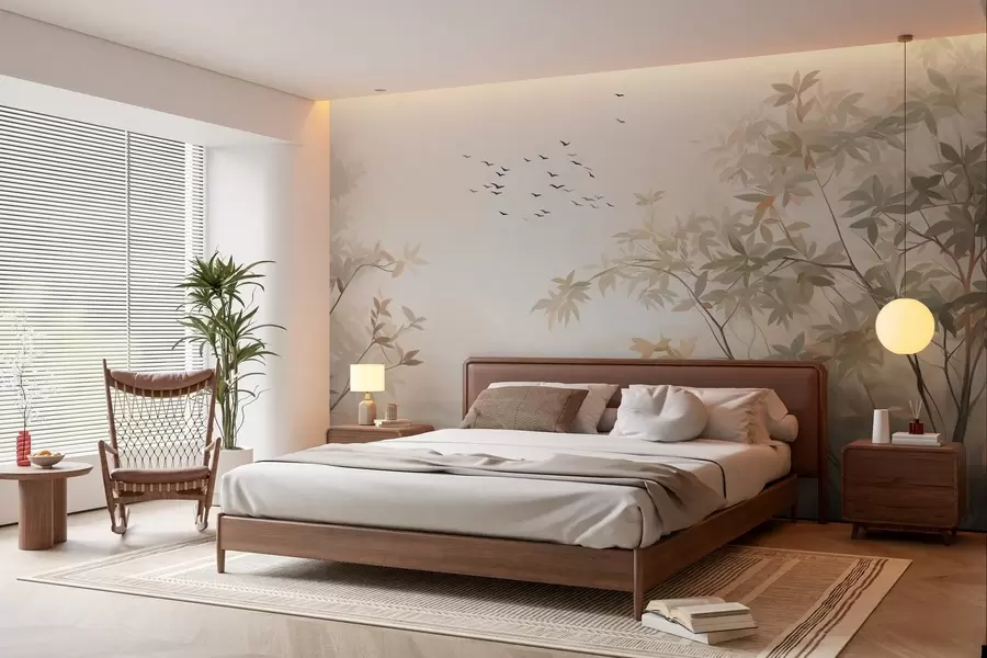 carta da parati Paesaggio strutturato con alberi e uno stormo di uccelli che volano nel cielo, colori pastello, scena naturale  nr. w09418