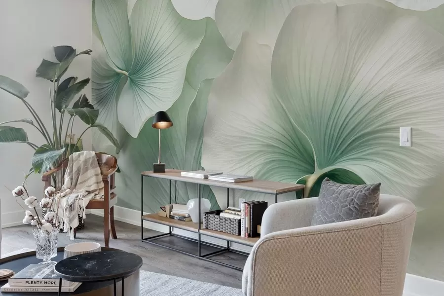 carta da parati Foglie di ginkgo bianche e verdi, morbide  al tatto, sfondo floreale astratto, stile moderno minimalista nr. w09421