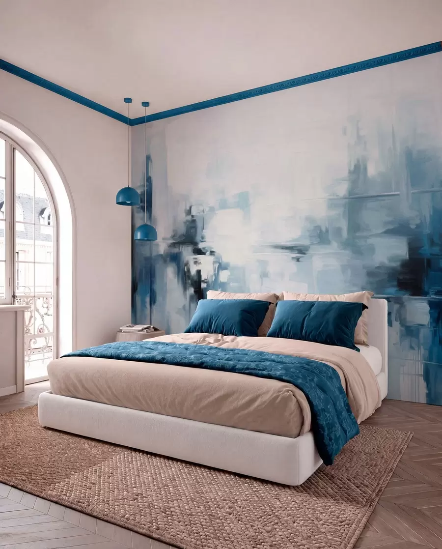 carta da parati Imitazione di un paesaggio astratto con pennellate blu e bianche, stile moderno nr. w09422