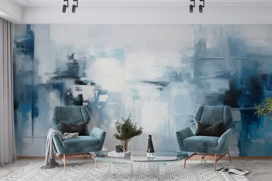 carta da parati Imitazione di un paesaggio astratto con pennellate blu e bianche, stile moderno nr. w09422