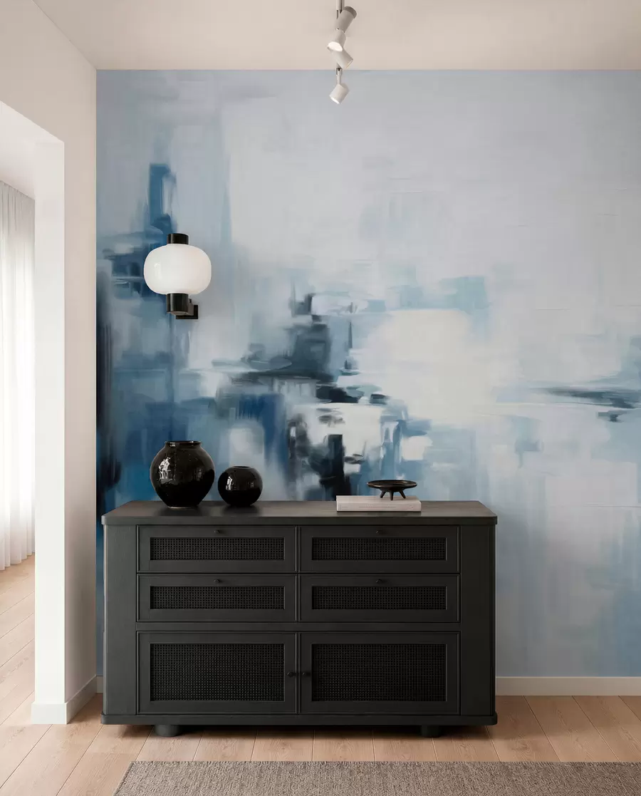 carta da parati Imitazione di un paesaggio astratto con pennellate blu e bianche, stile moderno nr. w09422