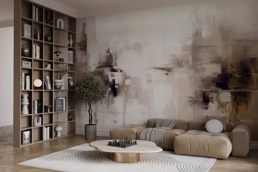 carta da parati Imitazione di un dipinto astratto di paesaggio con pennellate marroni e bianche, in stile moderno nr. w09422v1