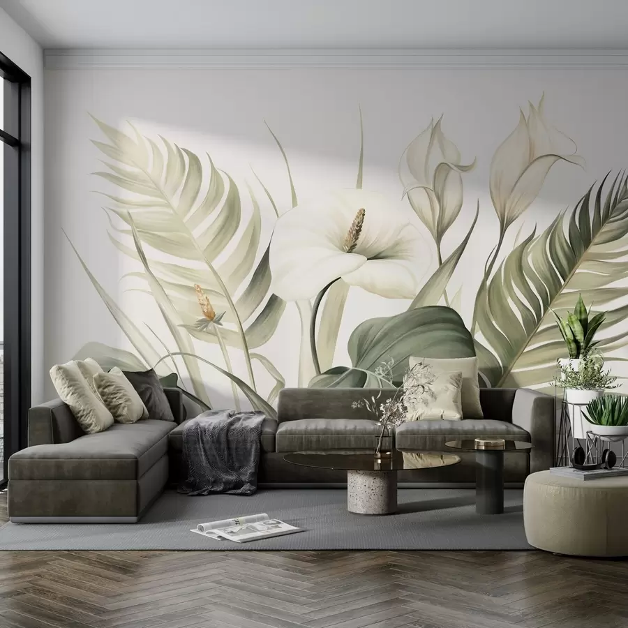Carta da parati Floreale Calla bianche e foglie tropicali verdi, illustrazione botanica, sfondo chiaro, stile vintage, texture n. w09423
