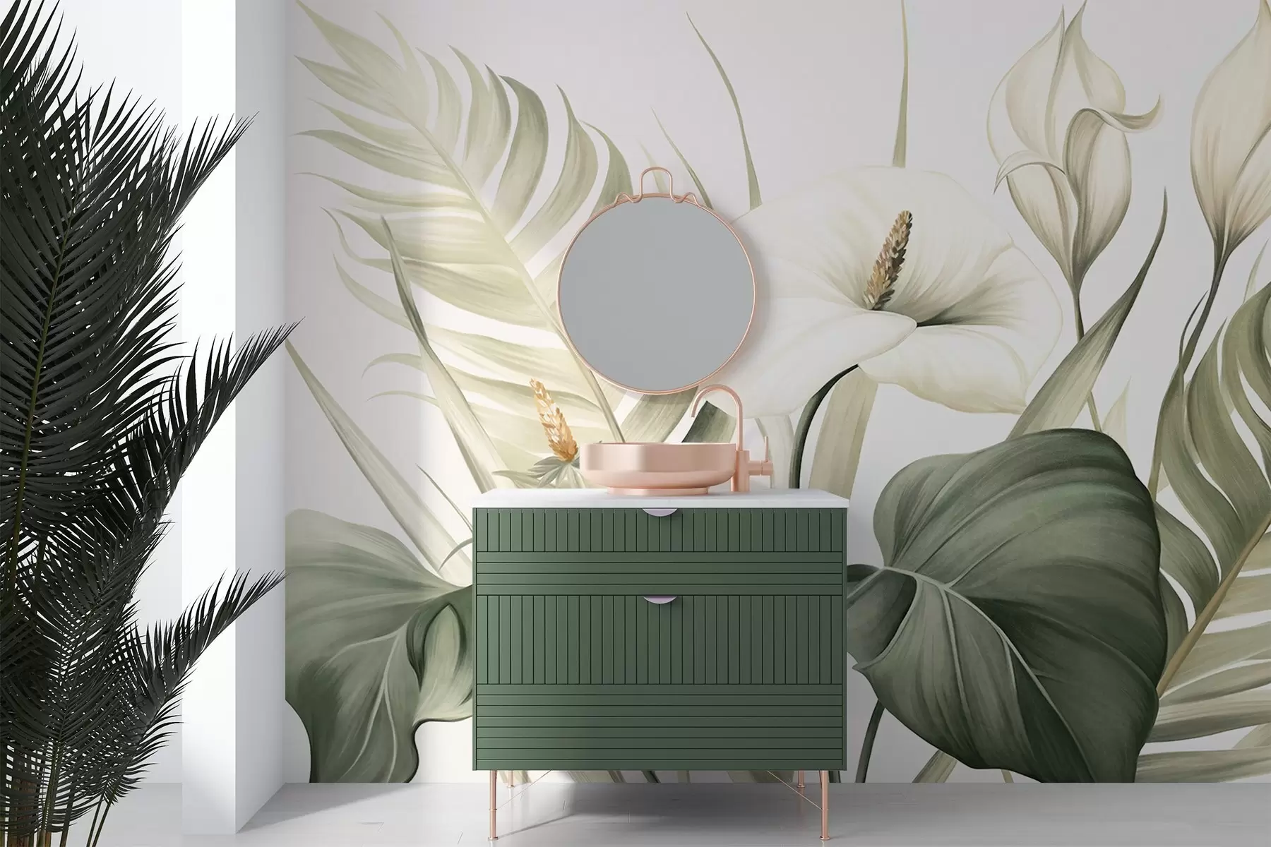 Carta da parati Floreale Calla bianche e foglie tropicali verdi, illustrazione botanica, sfondo chiaro, stile vintage, texture n. w09423