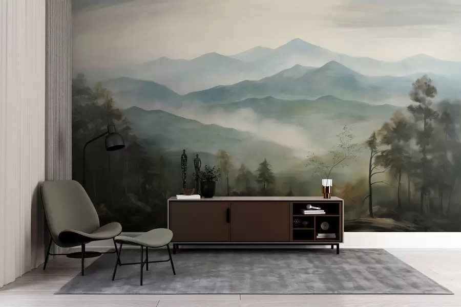 Carta da parati nature Catena montuosa nebbiosa con alberi, nebbia, cielo nuvoloso, colori tenui, stile pittorico paesaggistico 