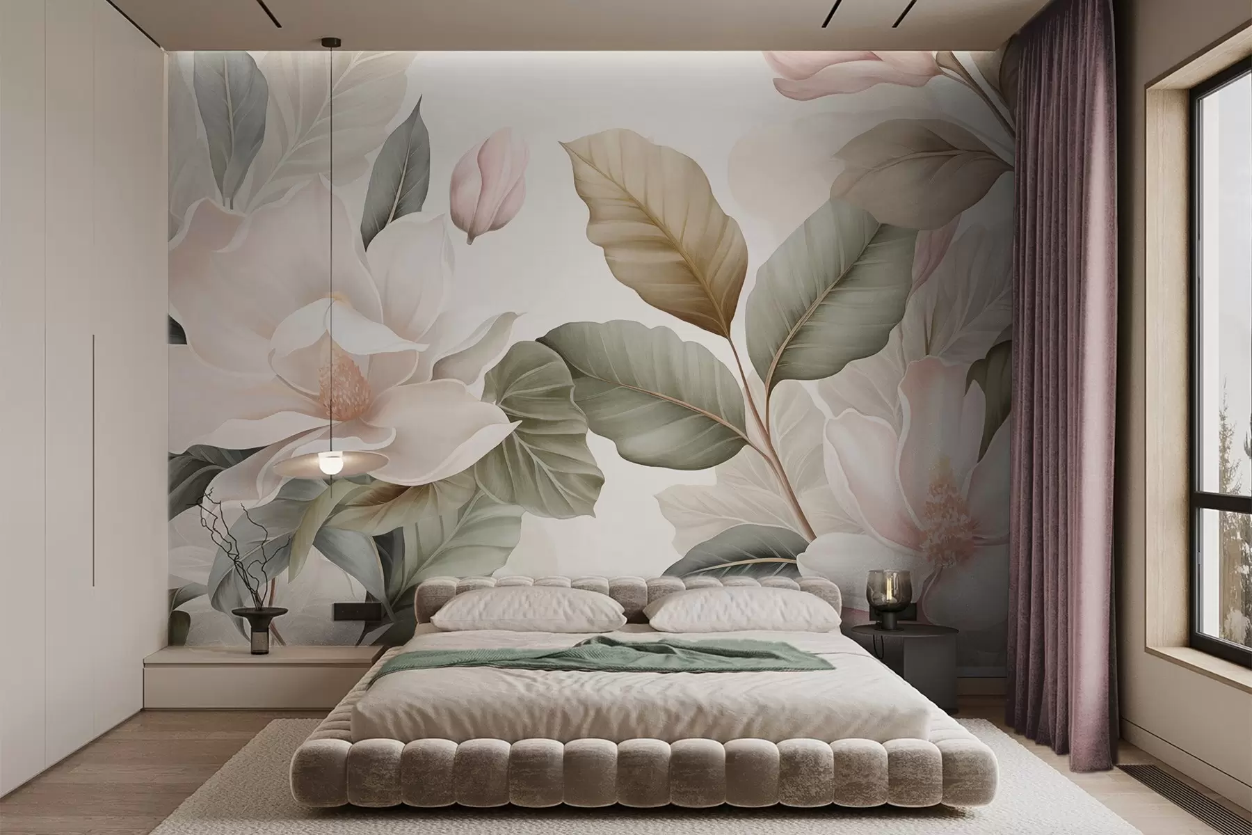 Carta da parati Floreale Fiori di magnolia con foglie dai colori pastello, bianco, rosa e verde, morbidi, delicati, in stile acquerello n. w09427