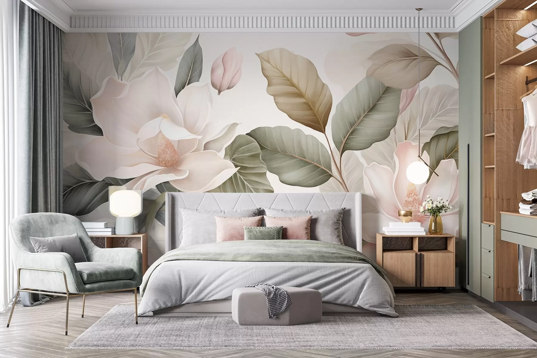 Carta da parati Floreale Fiori di magnolia con foglie dai colori pastello, bianco, rosa e verde, morbidi, delicati, in stile acquerello n. w09427