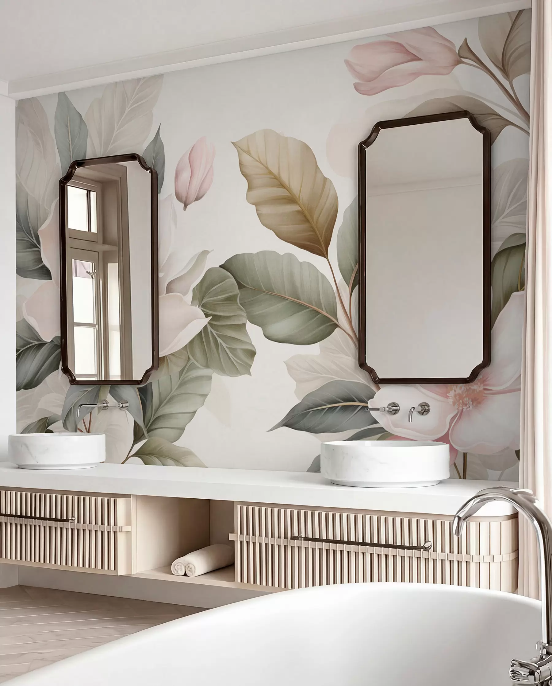 Carta da parati Floreale Fiori di magnolia con foglie dai colori pastello, bianco, rosa e verde, morbidi, delicati, in stile acquerello n. w09427