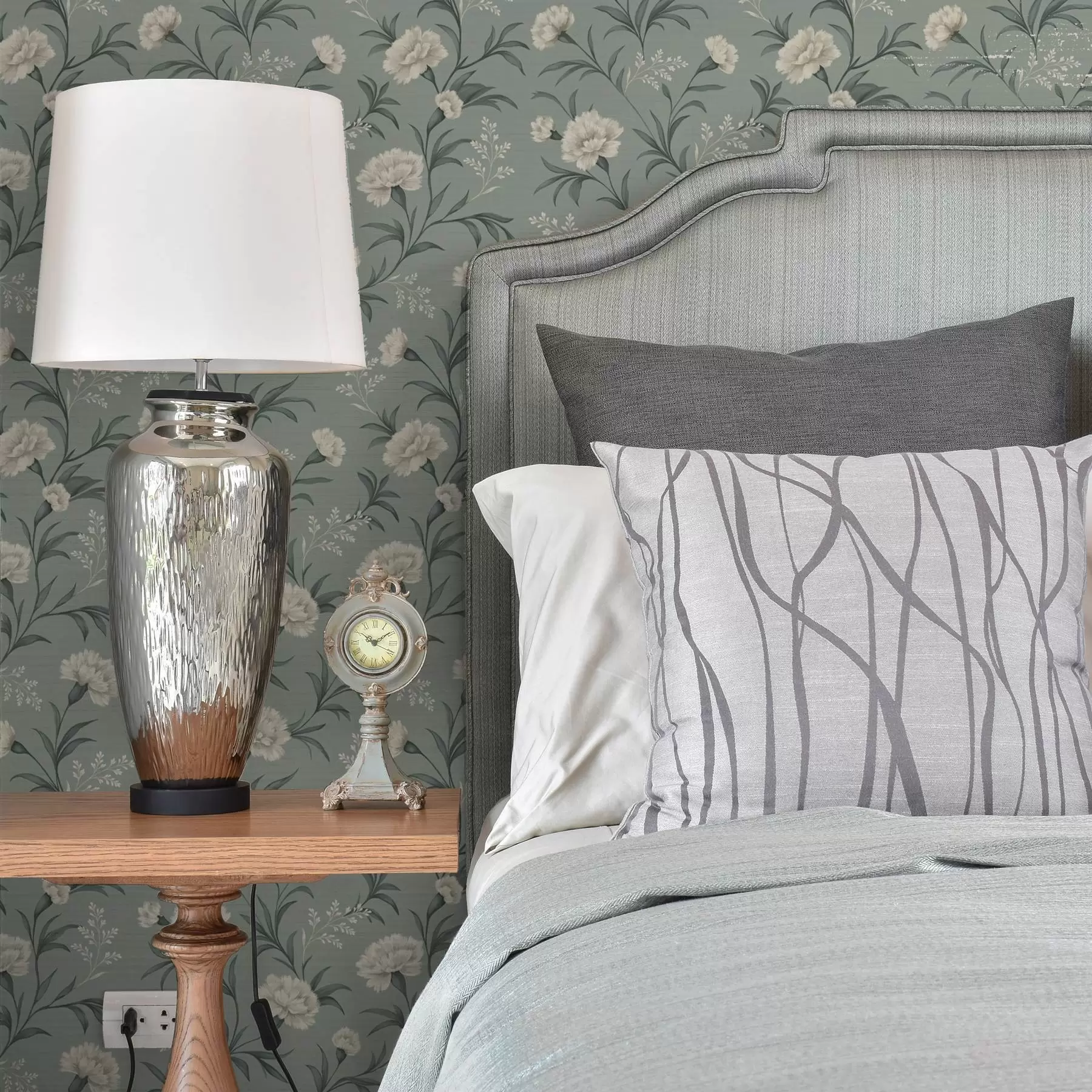 carta da parati Garofani polverosi su sfondo grigio-verde acqua, stampa raffinata nr. a00610