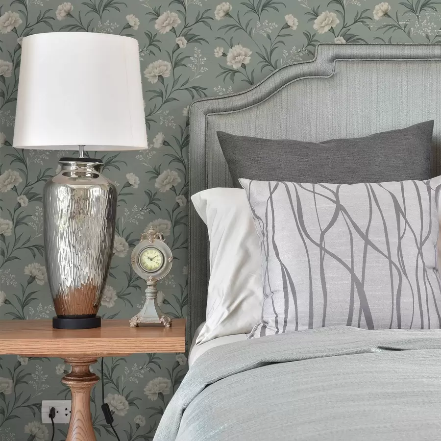 carta da parati Garofani polverosi su sfondo grigio-verde acqua, stampa raffinata nr. a00610