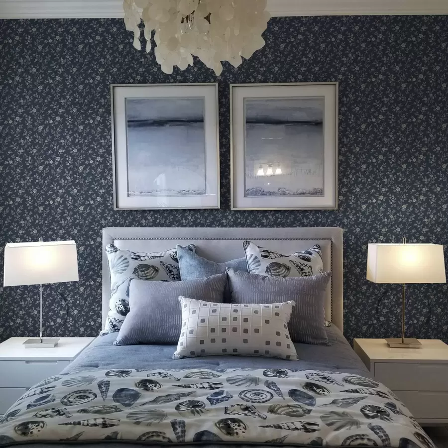 carta da parati Sfondo blu scuro con sottili rami e fiori beige nr. a00612