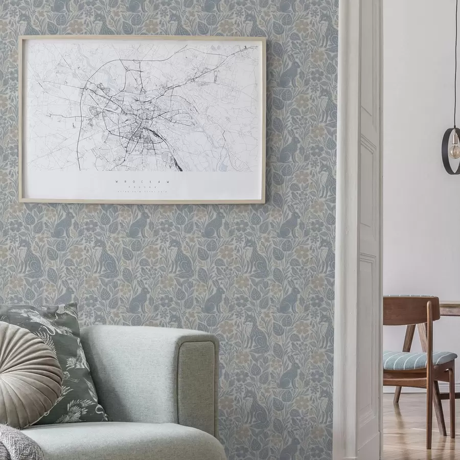 carta da parati Animali e fiori della foresta: volpe e lepre nei toni del blu nr. a00613