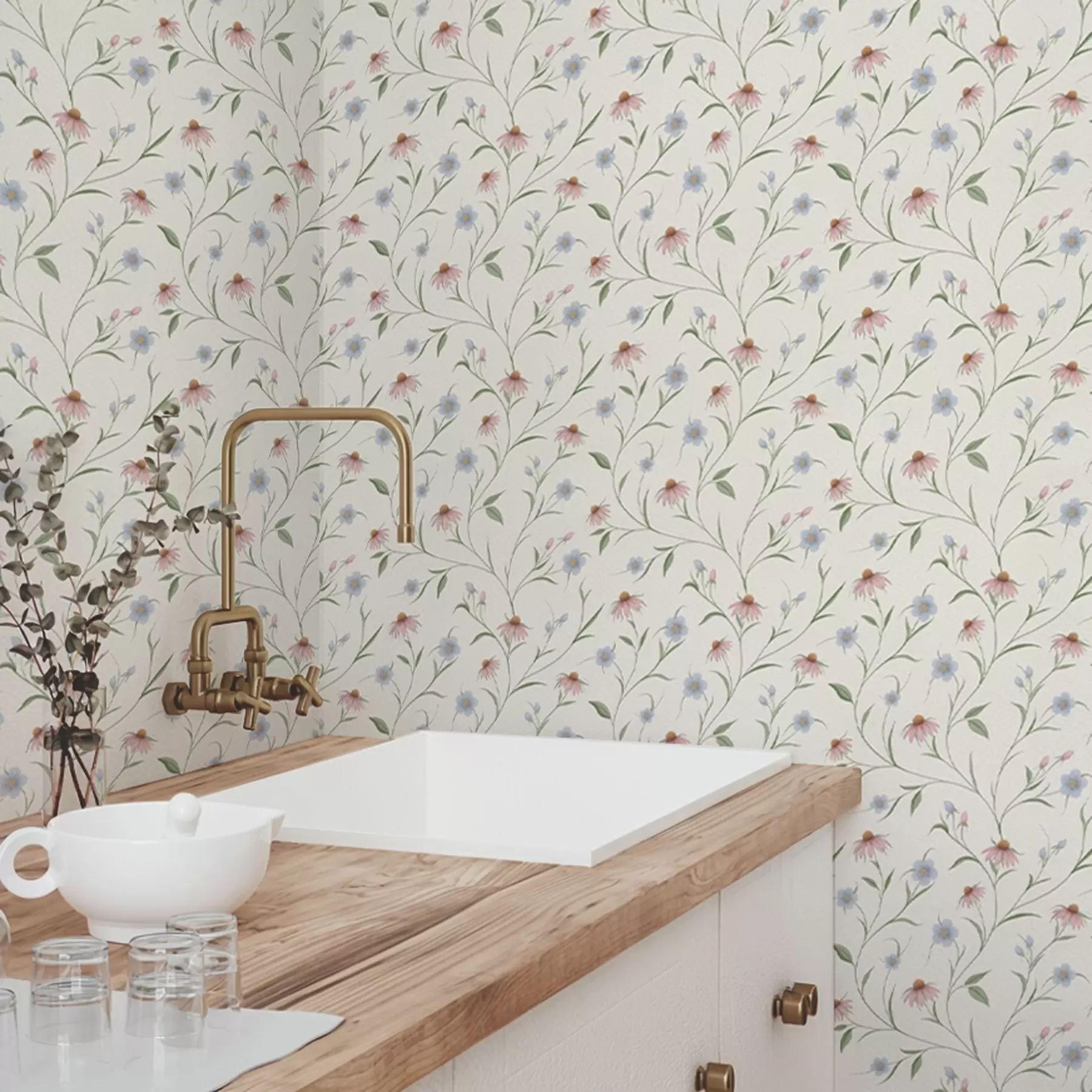 carta da parati Margherite di campo ed echinacea su sfondo color crema, leggerezza nr. a00614