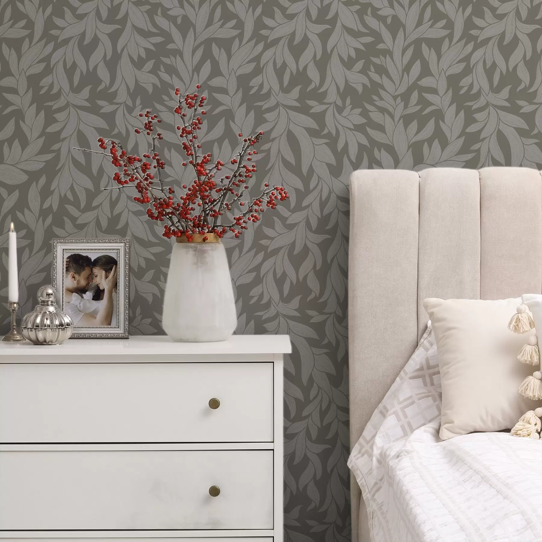 carta da parati Sfondo oliva con foglie lilla, trama lineare nr. a00616v1