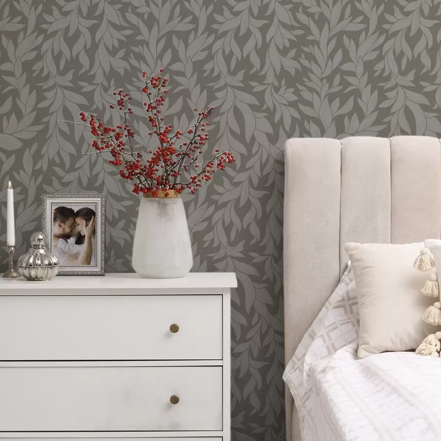 carta da parati Sfondo oliva con foglie lilla, trama lineare nr. a00616v1