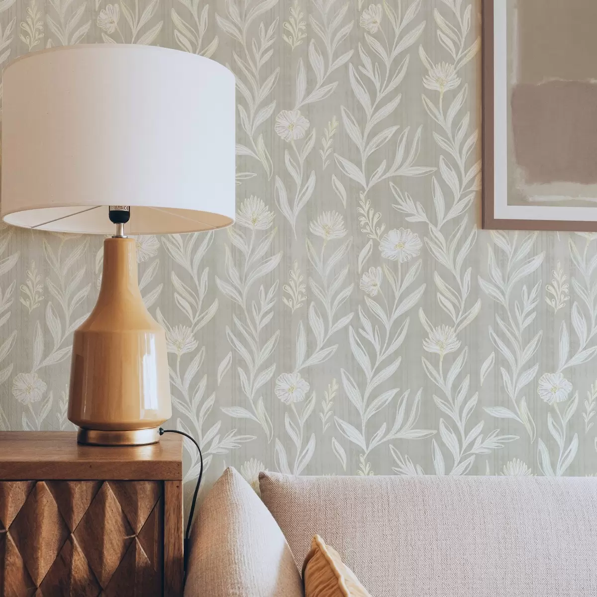 Carta da parati Erbe leggere e fiori su sfondo beige, linee abbozzate a00618