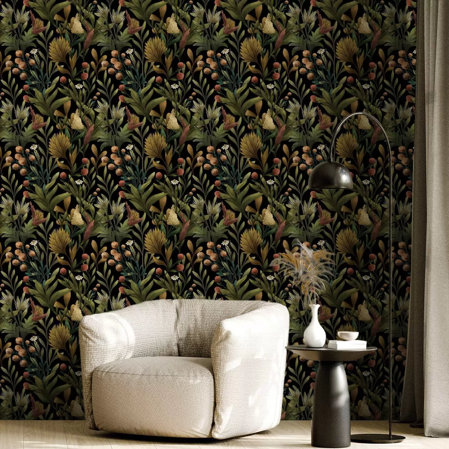 carta da parati Giardino botanico su sfondo nero, calda tavolozza autunnale nr. a00619