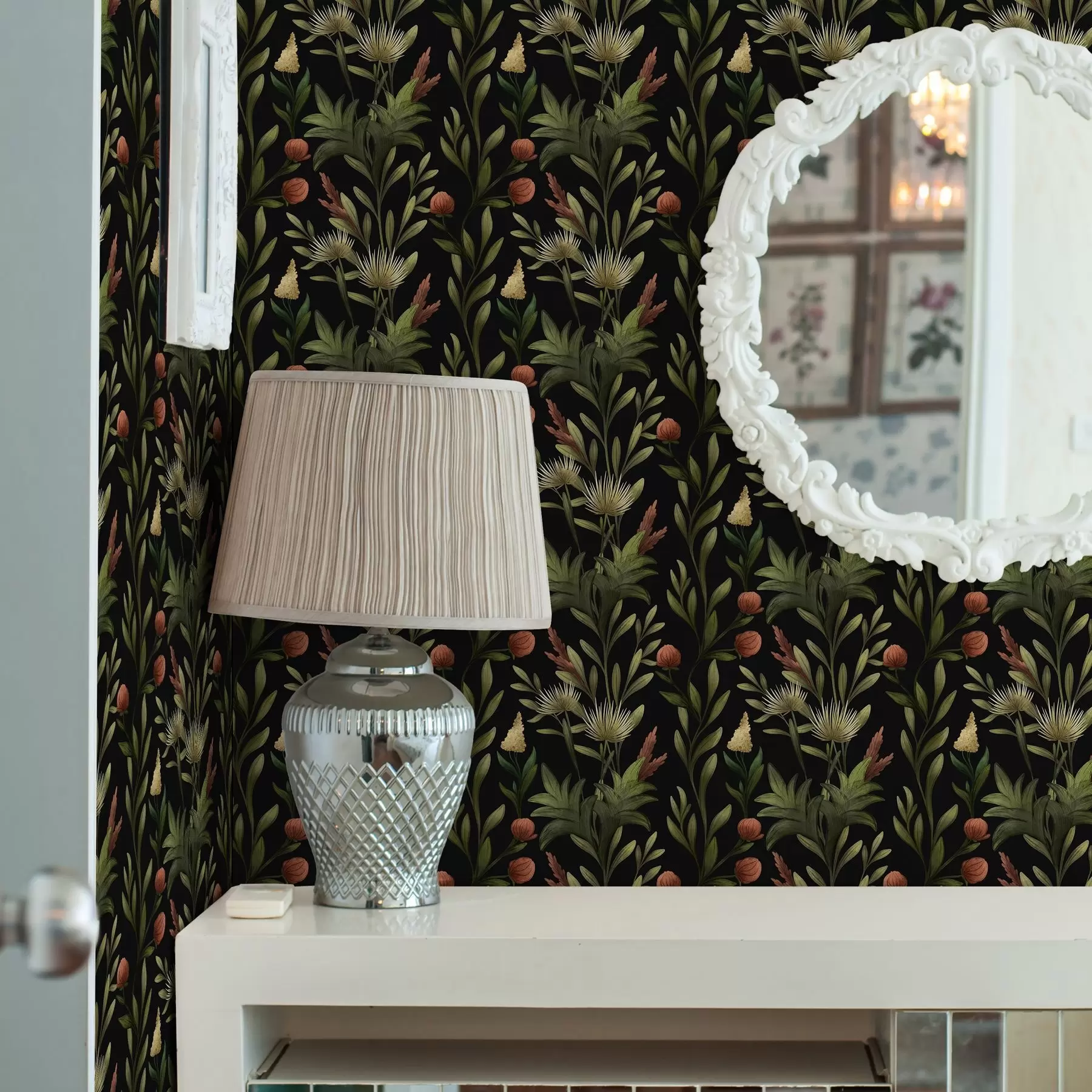 carta da parati Erbe alte e fiori su sfondo nero, stampa dettagliata nr. a00620