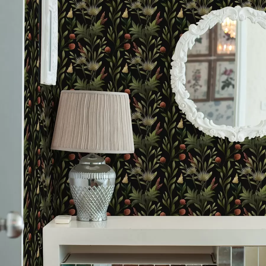 carta da parati Erbe alte e fiori su sfondo nero, stampa dettagliata nr. a00620