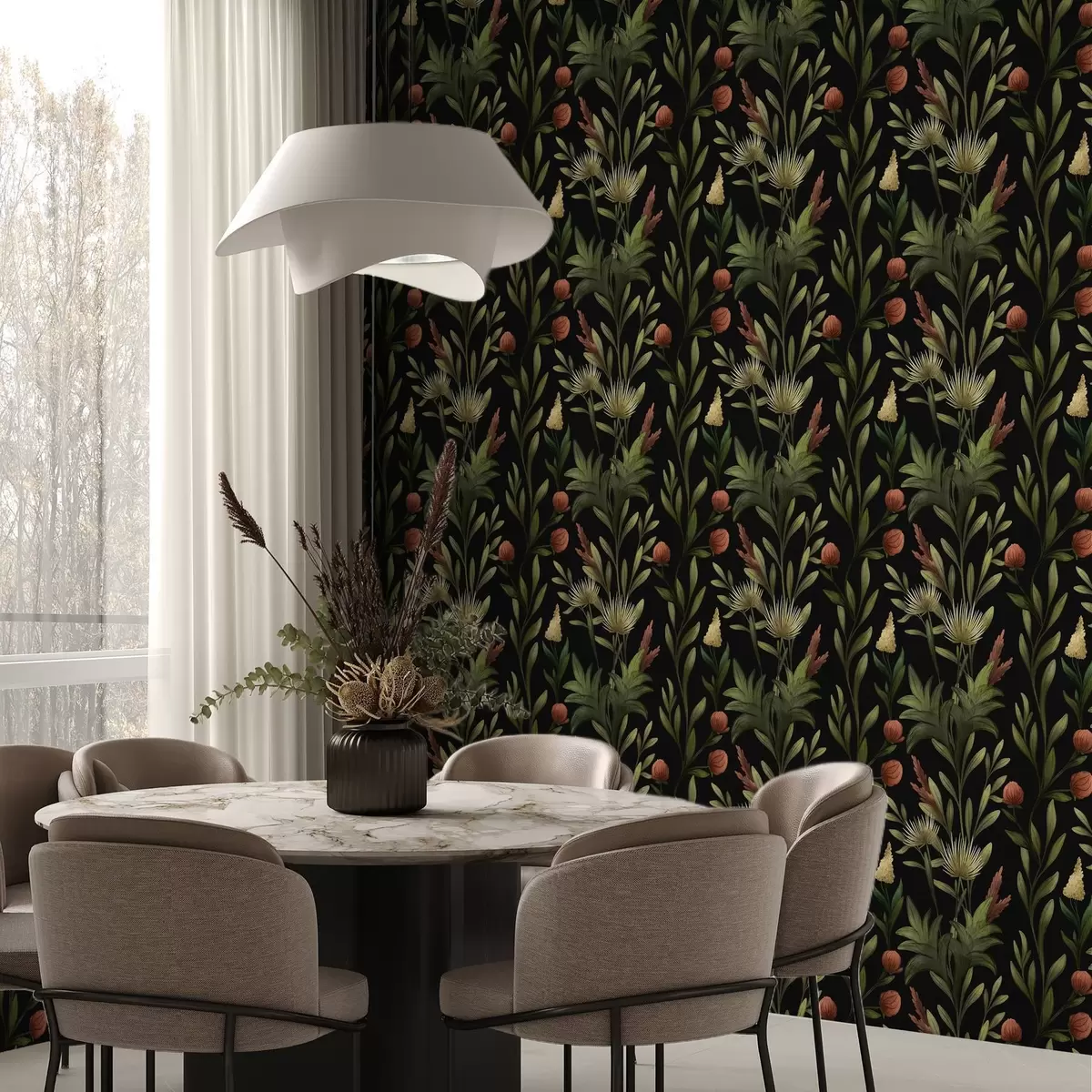 Carta da parati Erbe alte e fiori su sfondo nero, stampa dettagliata a00620